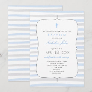 Invitation Baptême garçon avec bandes d'aquarelle gris bleu