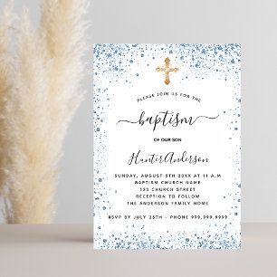 Invitation Baptême garçon bleu blanc étincelant croix or