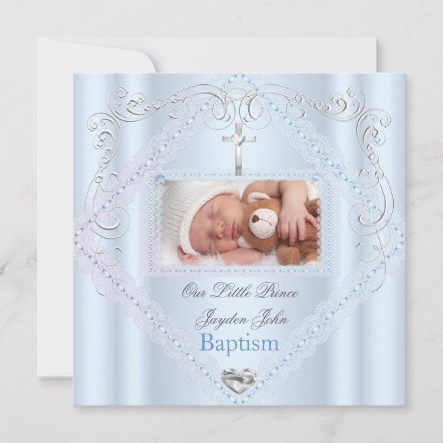 Invitation Baptême Garçon Bleu Christening Croix Prince 2 (Devant)