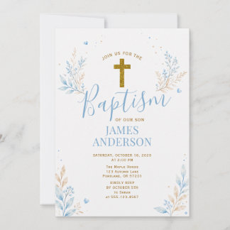 Invitation Baptême Garçon Bleu Croix Dorée Florale Christenin