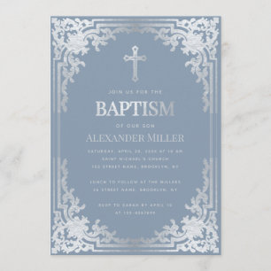 Invitation Baptême Garçon Bleu Poussiéreux Élégant Faux Argen