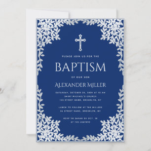 Invitation Baptême garçon bleu royal faux feuilles argent élé