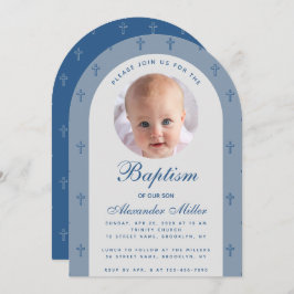 Invitation Baptême garçon Photo moderne Dusty Blue Arch Scrip