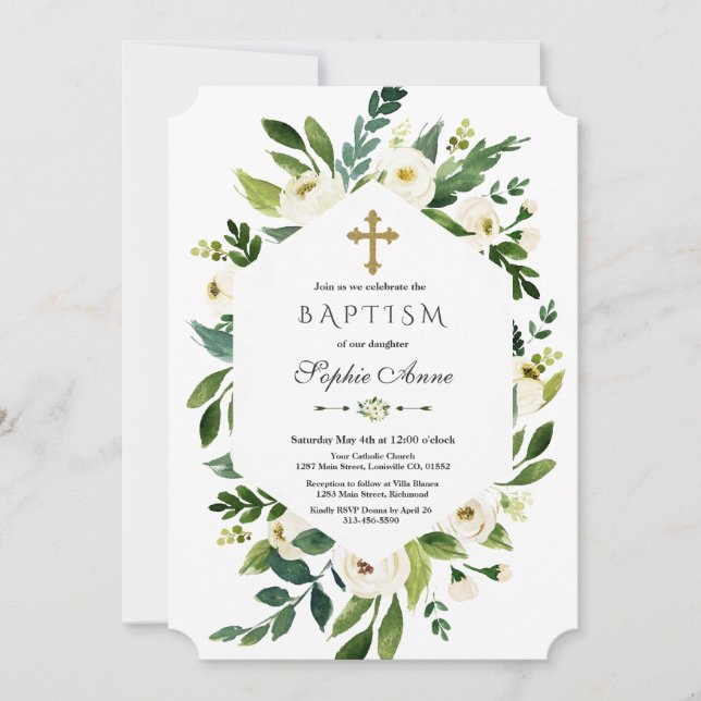 Invitation Baptême Géométrique Blanc Floral Peonies Florales (Devant)