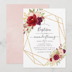 Invitation Baptême géométrique bohème burgundy et blush