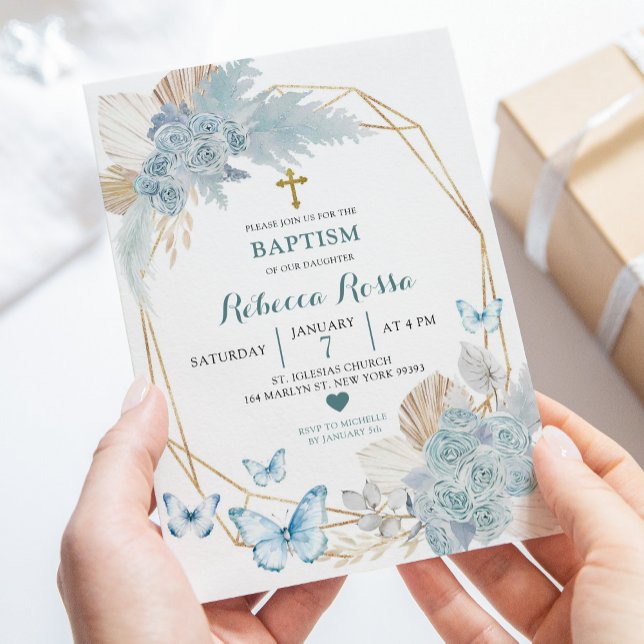 Invitation Baptême géométrique du papillon floral bleu Boho (Créateur téléchargé)