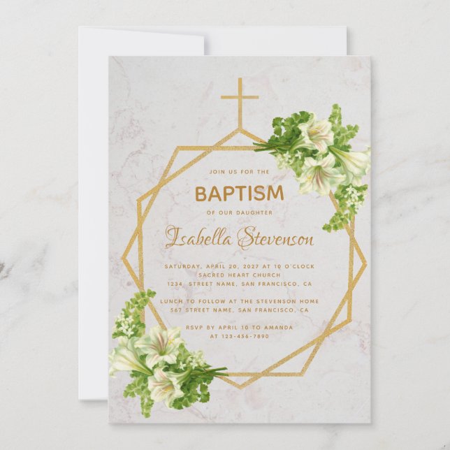 Invitation Baptême géométrique en marbre blanc or floral (Devant)