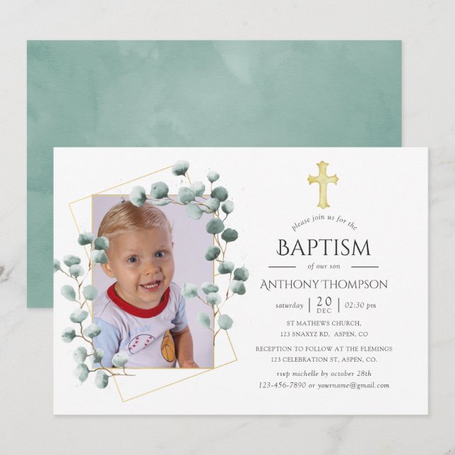 Invitation Baptême géométrique ou baptême eucalyptus (Devant / Derrière)