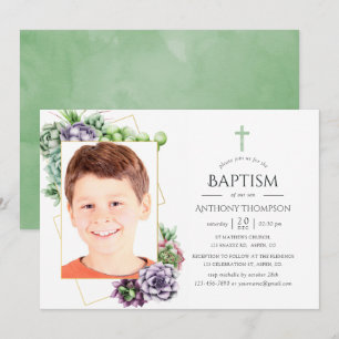 Invitation Baptême Géométrique Succulent ou Photo Christening