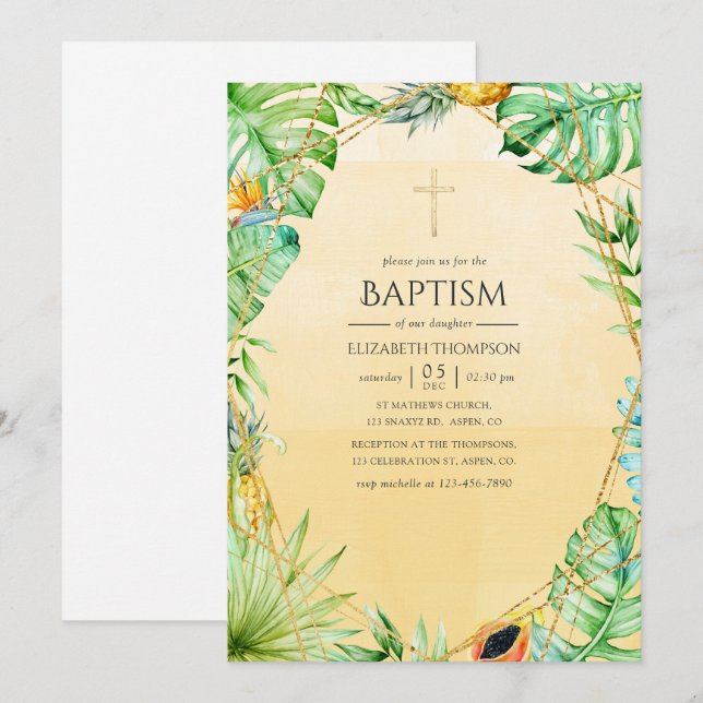 Invitation Baptême géométrique tropicale exotique (Devant / Derrière)