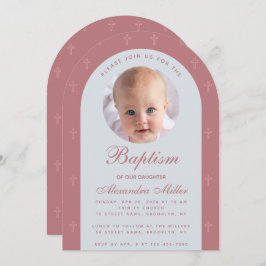 Invitation Baptême Girl Photo Arc moderne Dusty Rose Script