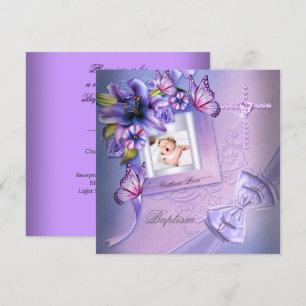 Invitation Baptême Girl rose violet photo Christening