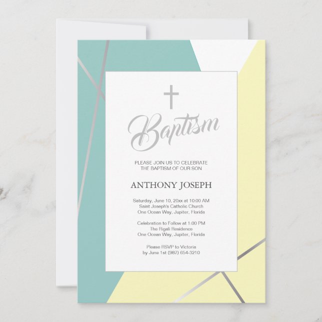 Invitation Baptême jaune et vert menthe (Devant)