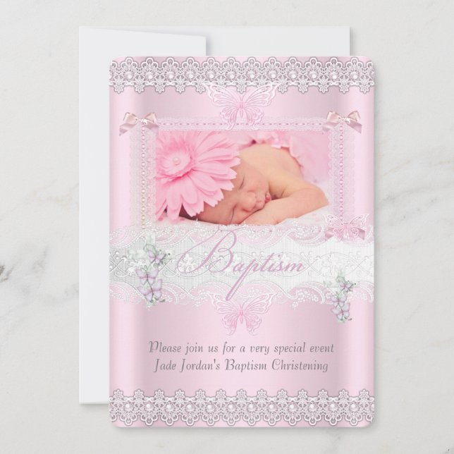 Invitation Baptême Jolie dentelle rose Photo Papillon Fille (Devant)