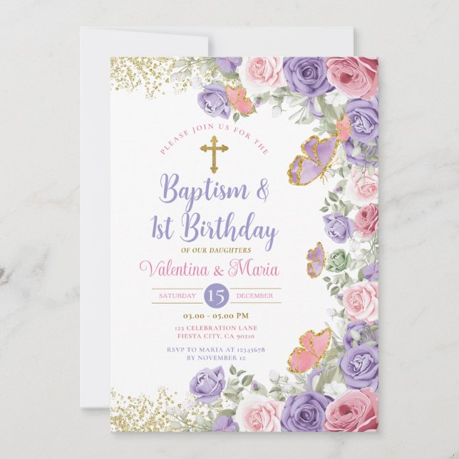 Invitation Baptême jumeau et 1er anniversaire Floral violet e (Devant)