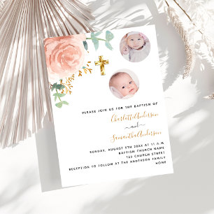 Invitation Baptême jumeaux filles rose or floral photo luxe