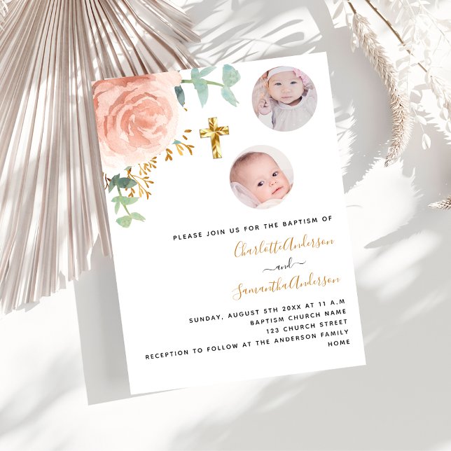 Invitation Baptême jumeaux filles rose or floral photo luxe (Créateur téléchargé)