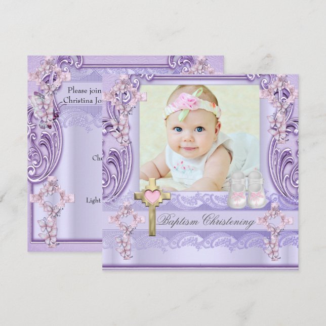 Invitation Baptême Lavande Croix rose Fille Photo Christening (Devant / Derrière)