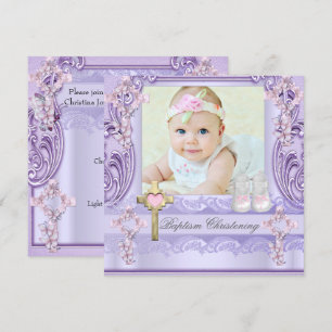 Invitation Baptême Lavande Croix rose Fille Photo Christening