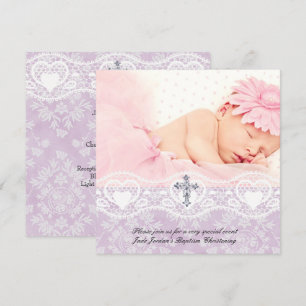 Invitation Baptême Lilac Blanche dentelle photo Bijou Croix F