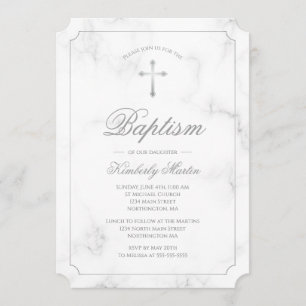 Invitation Baptême Marbre blanc Argent Croix Script photo