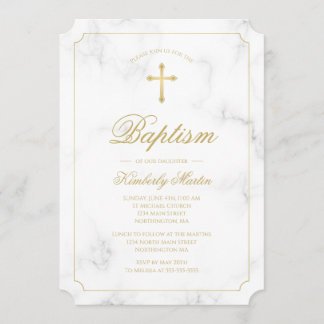 Invitation Baptême Marbre blanc Gold Cross Script Photo