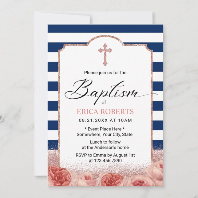 Invitation Baptême Marine Nautique Rose Gold Floral (Devant)