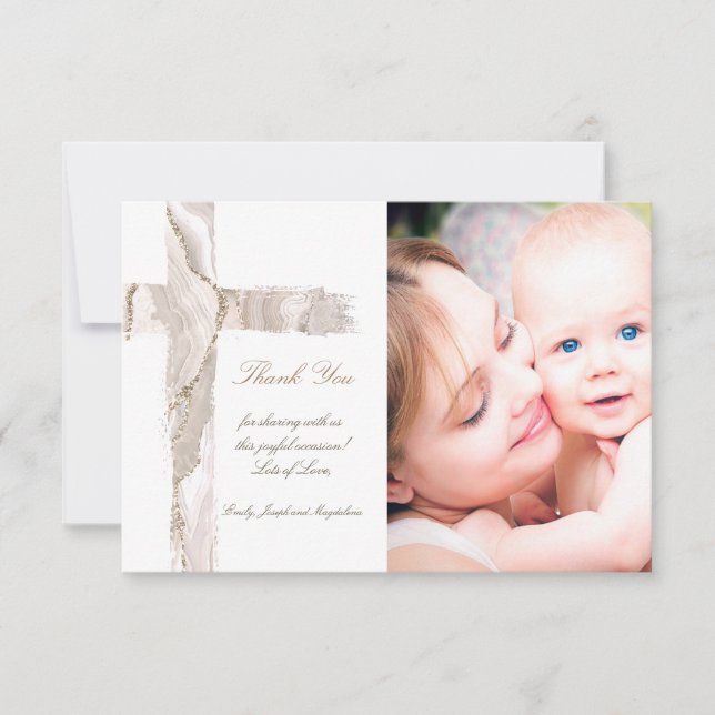 Invitation Baptême merci beige rose Sainte Croix (Devant)