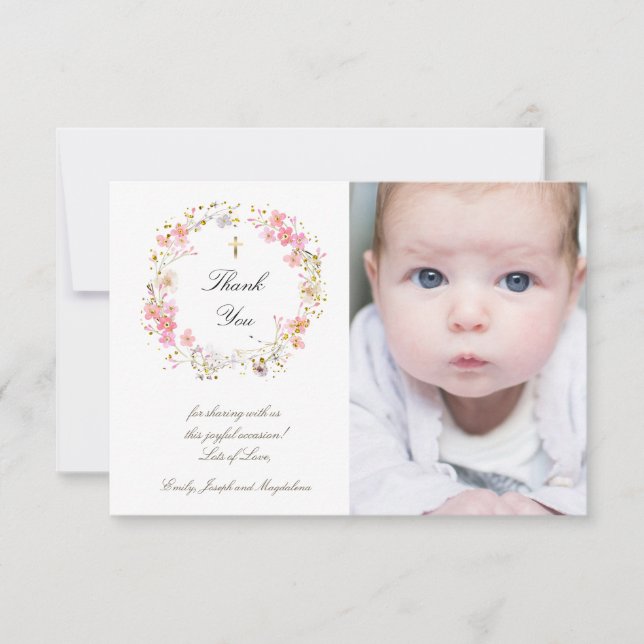Invitation Baptême merci les fleurs roses (Devant)
