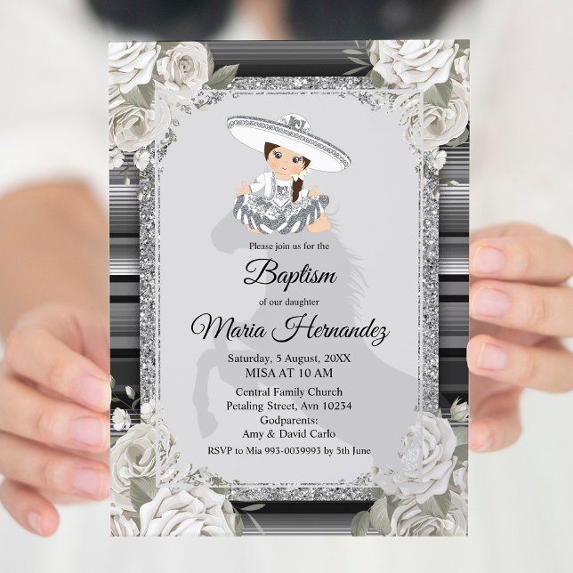 Invitation Baptême mexicaine blanche en argent (Créateur téléchargé)