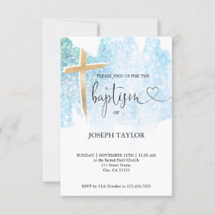 Invitation Baptême moderne Bleu Aquarelle Croix Christening