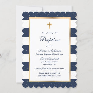 Invitation Baptême moderne Bleu Blanc Or Stripe Garçon Baptêm