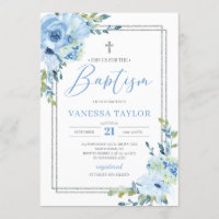 Baptême moderne bleu floral argent cadre boho bapt
