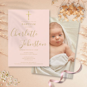 Invitation Baptême moderne Christening Gold Blush Pink Photo