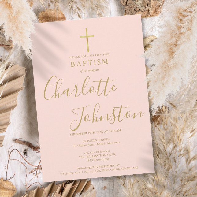 Invitation Baptême moderne Christening Gold Script Blush Rose (Modern Baptism Christening Gold Script Blush Pink Invitation)