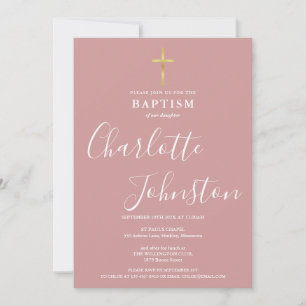 Invitation Baptême Moderne Christening Rose Poussiéreuse Rose