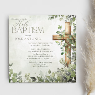 Invitation Baptême moderne croix en bois feuilles vert aquare