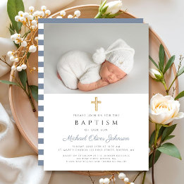 Invitation Baptême moderne Dusty Blue Stripes Croix Photo Boy