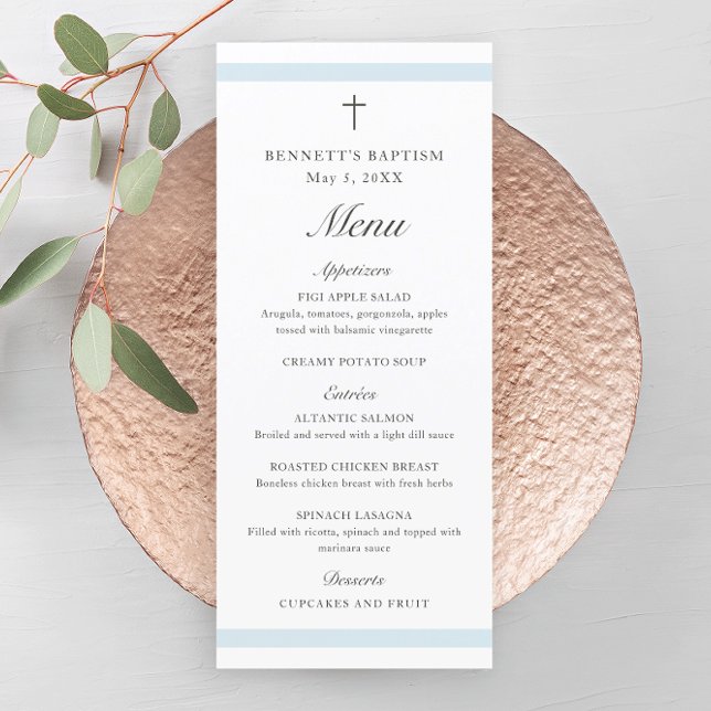 Invitation Baptême moderne Elegant Blue Boys (Modern boys baptism menu with script headlines and simple cross.)