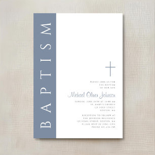Invitation Baptême Moderne Élégant Croix Bleu Poussiéreux