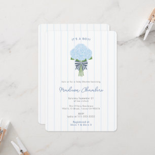 Invitation Baptême Moderne Élégant Garçon aux Hortensias Bleu