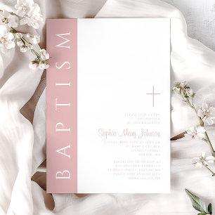 Invitation Baptême Moderne Élégant Rose Pâle Croix Fille