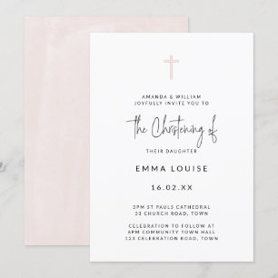 Invitation Baptême Moderne Minimaliste Écriture Aquarelle Ros