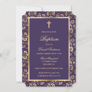 Invitation Baptême moderne violet or fleuri garçon