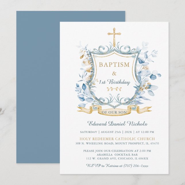 Invitation Baptême modifiable Monogramme bleu et or (Devant / Derrière)