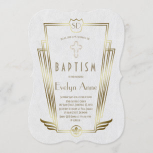 Invitation Baptême Monogramme Art Déco Blanc Or Royal