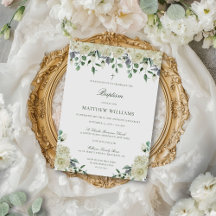 Invitation Baptême Neutre Élégante Florale Blanche