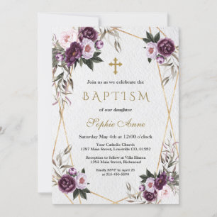 Invitation Baptême Or Délicat Purple Pink Peony Flowers
