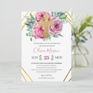 Invitation Baptême Or Floral Rose