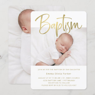 Invitation Baptême  Or minimal simple avec deux photos